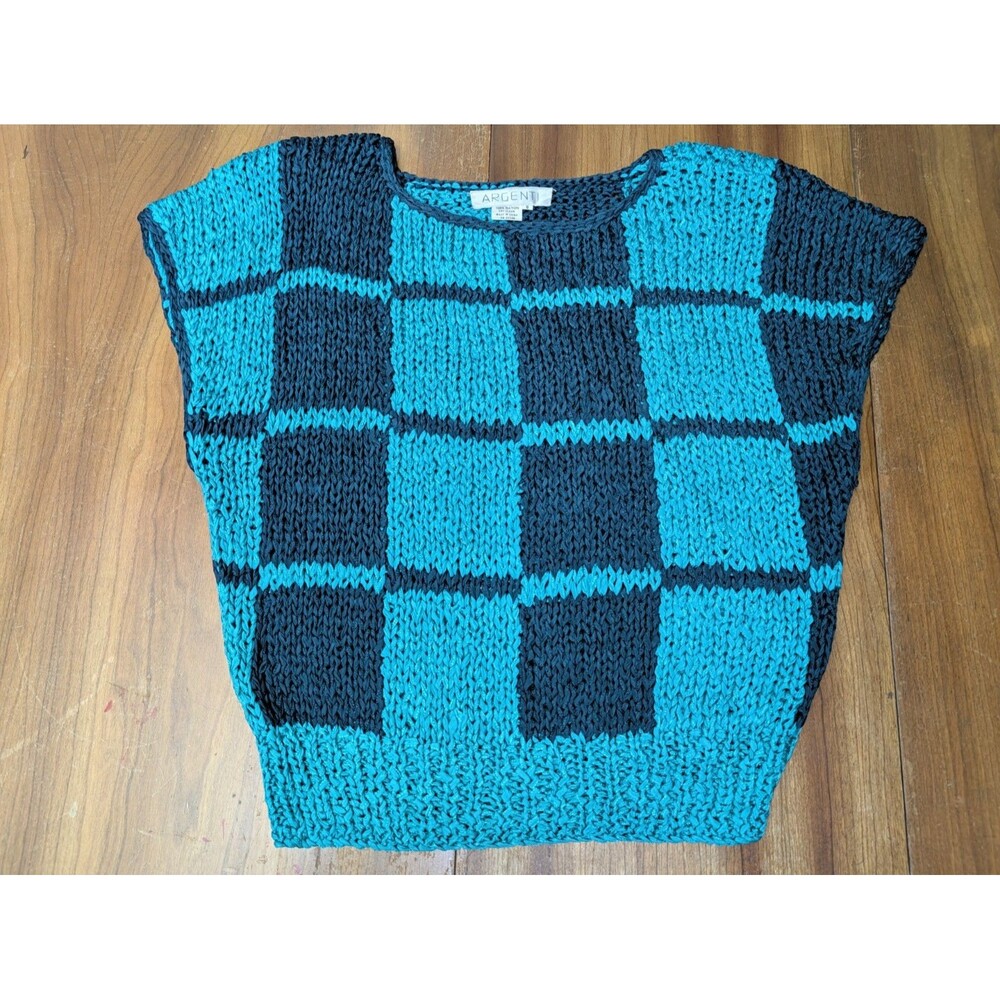 Vintage ARGENTI Open Knit Rayon Sleeveless Vest Aqua/Navy Blue Ribbed Waist Sz 8